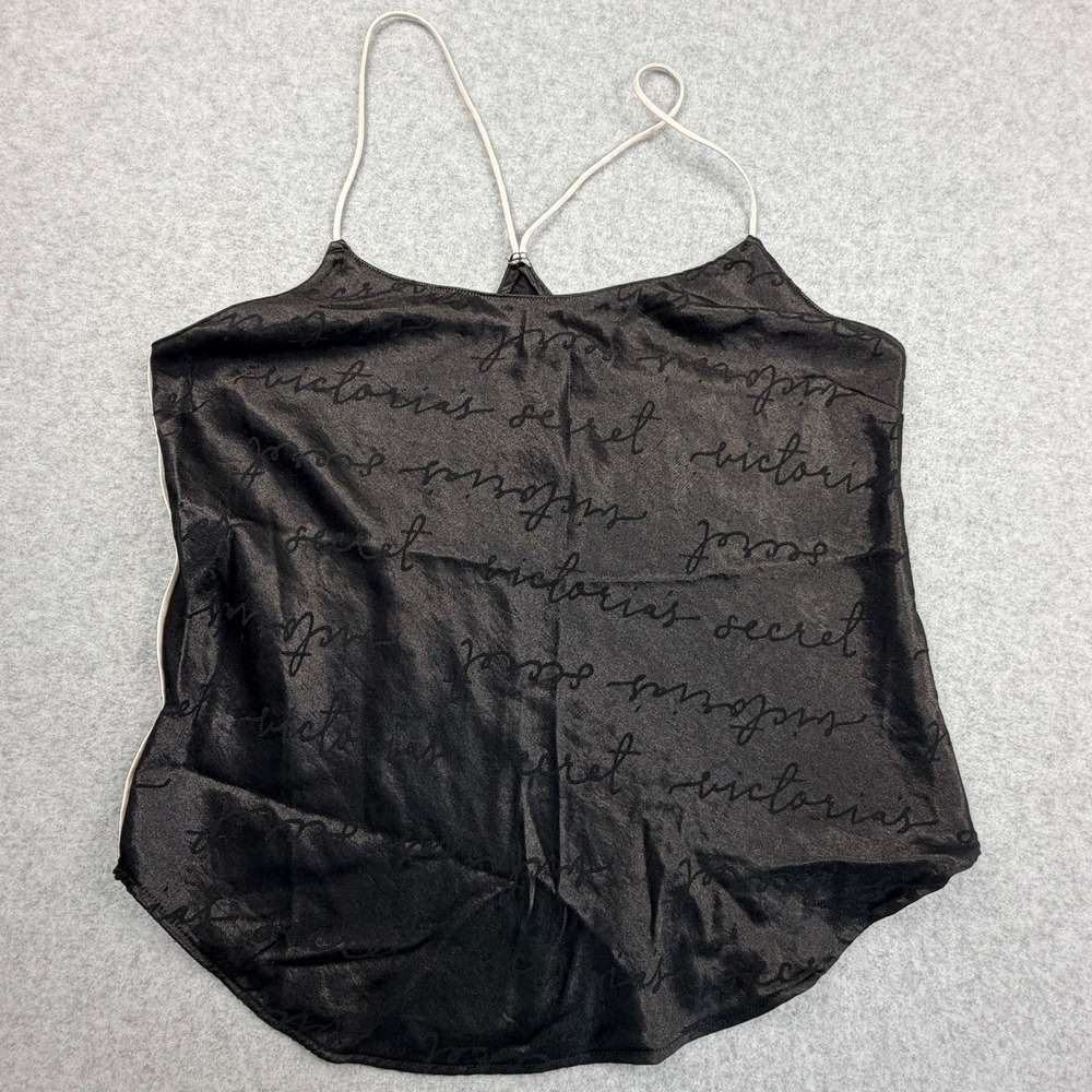 Victorias Secret Black Script Logo Satin Pajama Cami Top Small Spagetti Strap